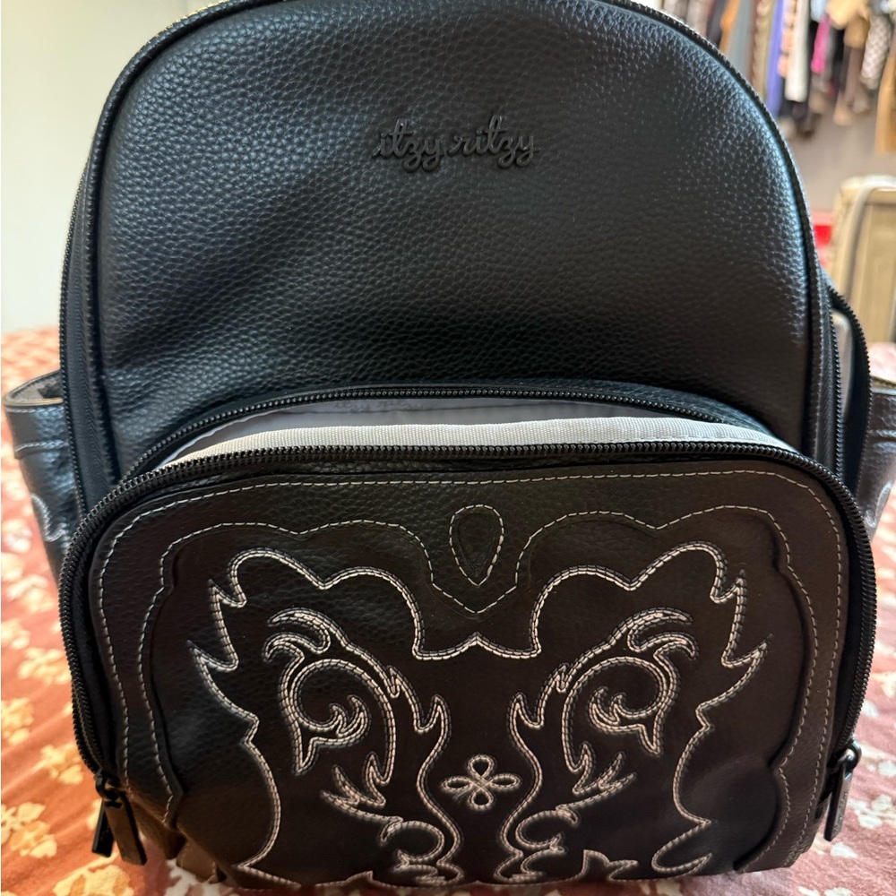 Itzy Ritzy Black Backpack with White Embroidery